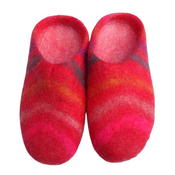 Red stripy felt slip on slippers for adults