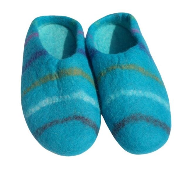 Turquoise stripy felt slip on slippers for adults