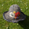 Hemp and cotton broad brim hat - dark blue with flowers