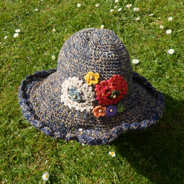 Hemp and cotton broad brim hat - dark blue with flowers