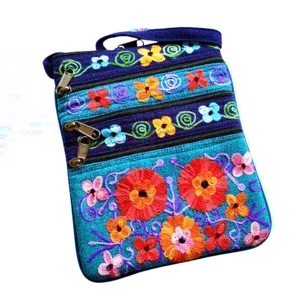 Embroidered 5 pocket shoulder bag - navy and turquoise