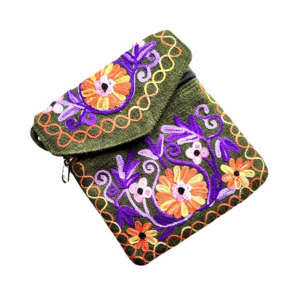 Embroidered 3 pocket shoulder bag - dark green