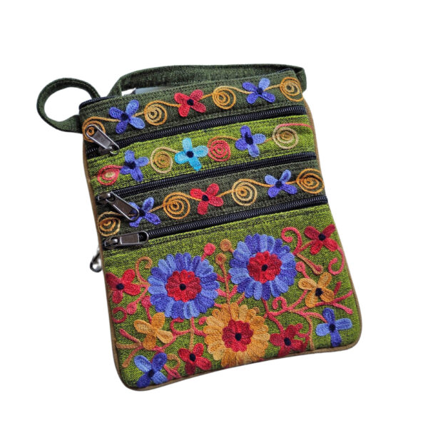 Embroidered 5 pocket shoulder bag - greens