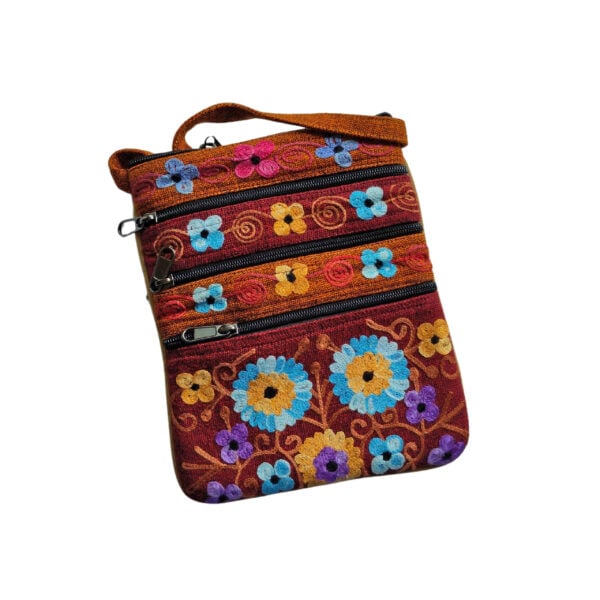 Embroidered 5 pocket shoulder bag - orange and red