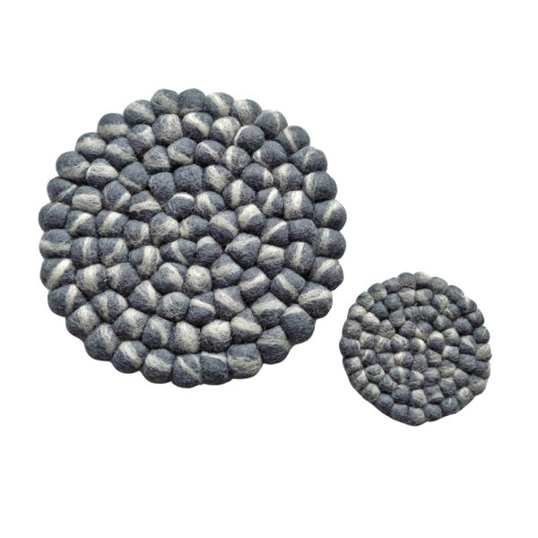 Felt ball table mat and coaster - grey and white