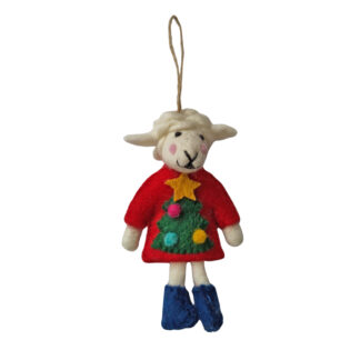 Lamb in a red Christmas tree dress