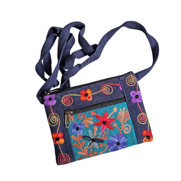 Embroidered 3 pocket shoulder purse - blues