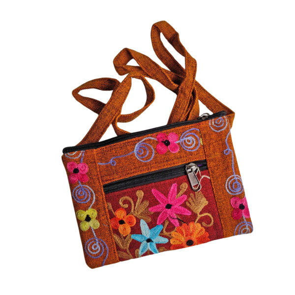 Embroidered 3 pocket shoulder purse - orange and red