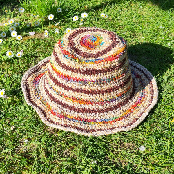 Hemp and cotton hat - large natural with brown stripes