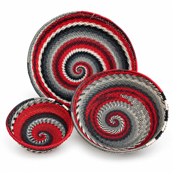 telephone wire round bowl red white black and grey Telephone wire round bowl - red grey and white